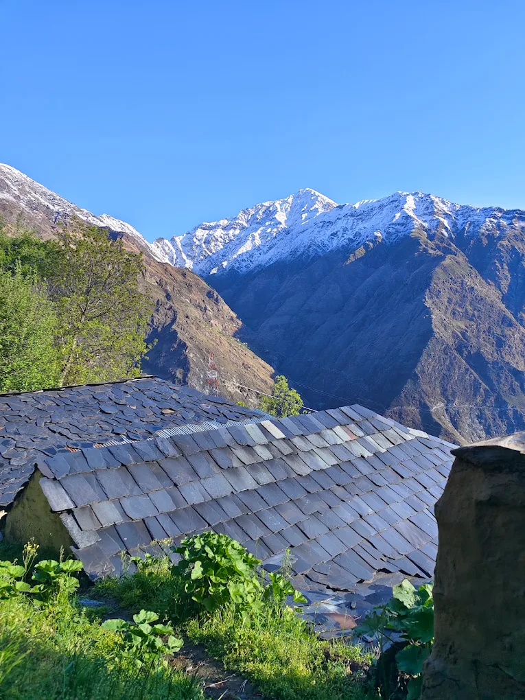 Traditional Himalayan village houses with slate roofs